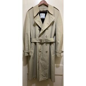 Vintage London Fog Trench Coat Men's 40R Beige Double Breasted Belted Fur Lined